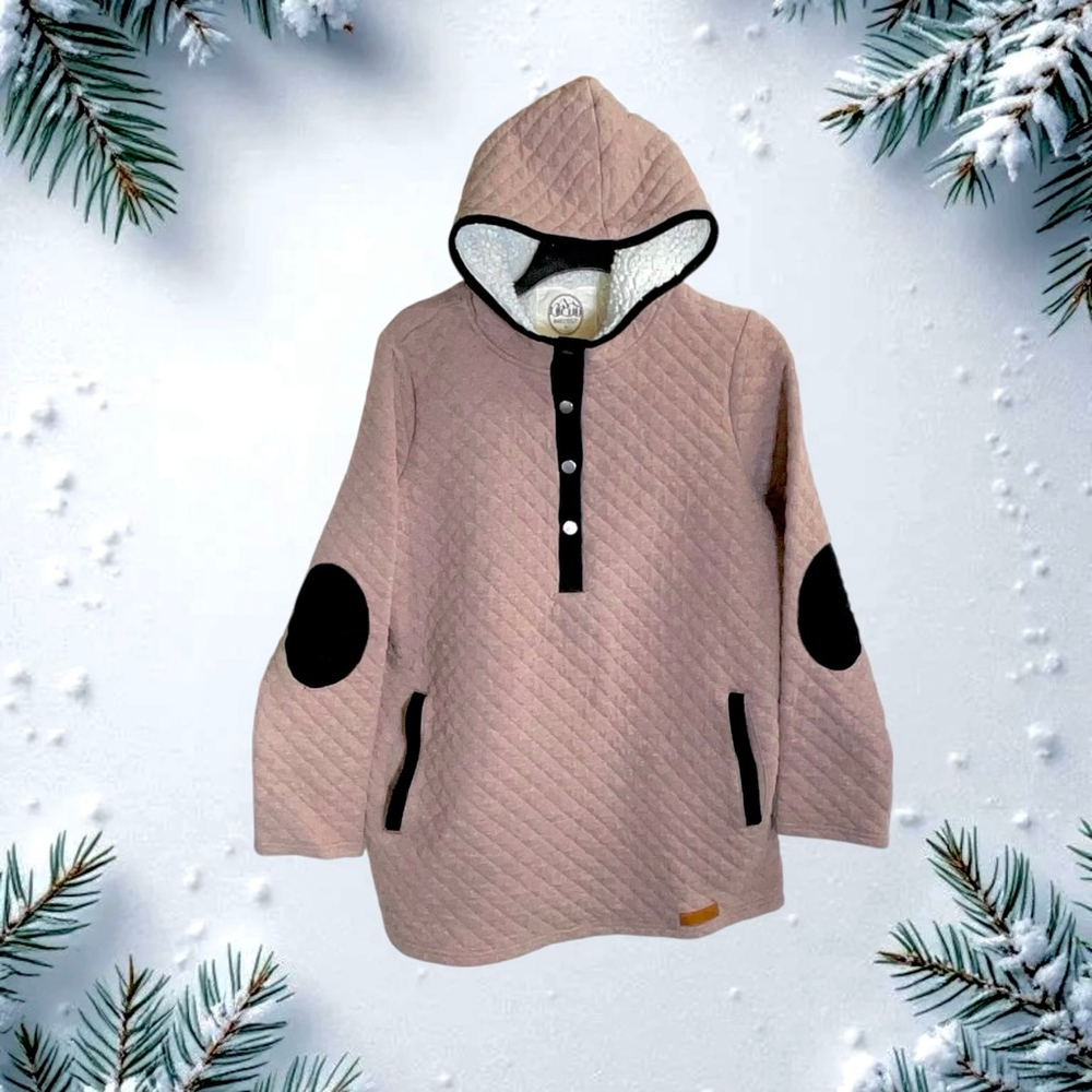 MarleyLilly Pinky Brown Quilted Hoodie w Elbow Patches Sherpa Hood Women Medium
